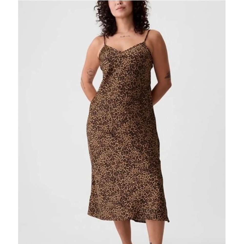 Gap Women Brown Leopard Print Satin Slip Midi Dress Petite Large 593449-00
